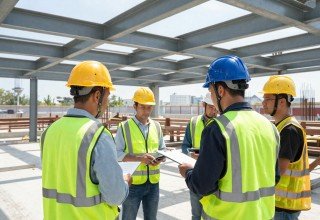 Foreign workers on a Singapore worksite reviewing plans with their supervisor